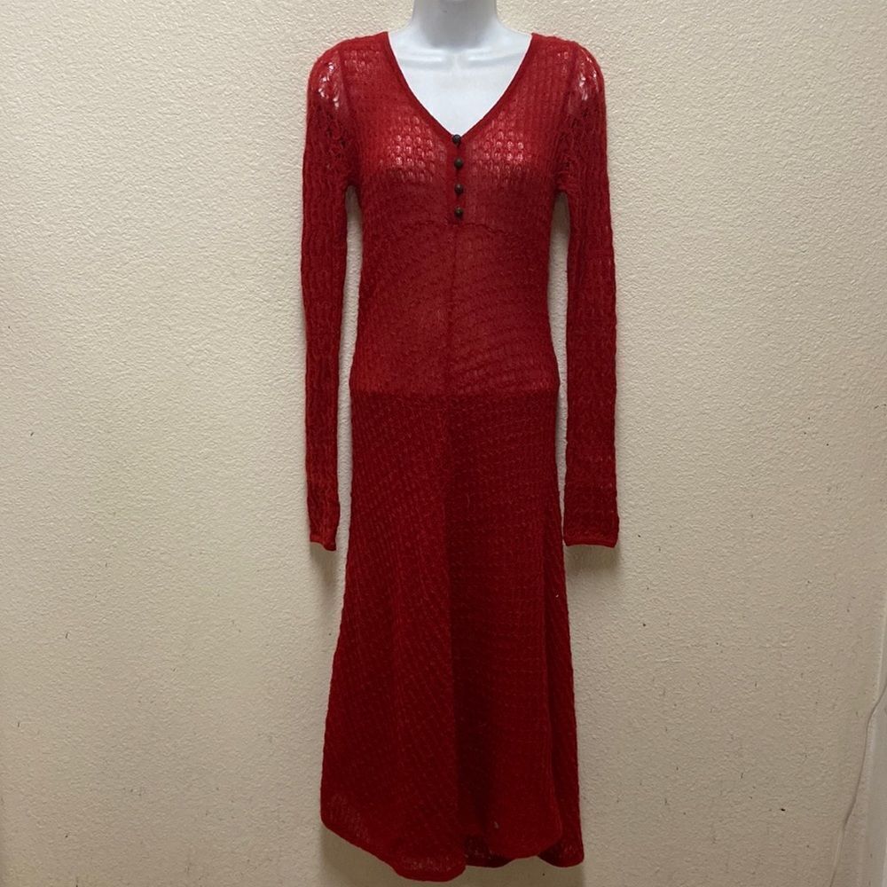 Anthropologie Red Crochet Long-Sleeve Maxi Dress
